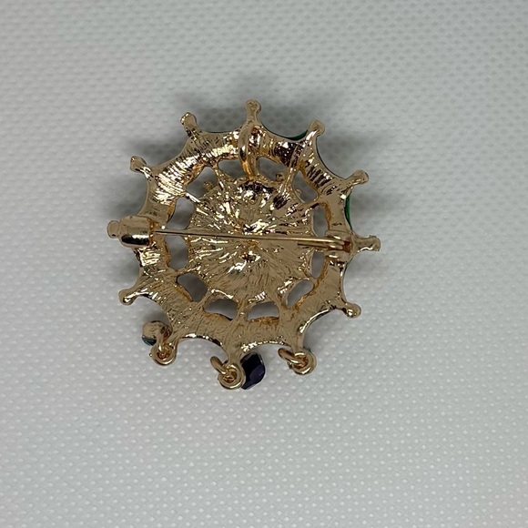 Gothic Halloween Spiderweb Brooch | Enameled Green Red Crystal Spider Dangles - Picture 3 of 8